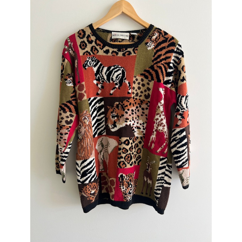 VTG Marisa Christina S 90s Safari Animal Knit Sweater intarsia Maximalist RARE